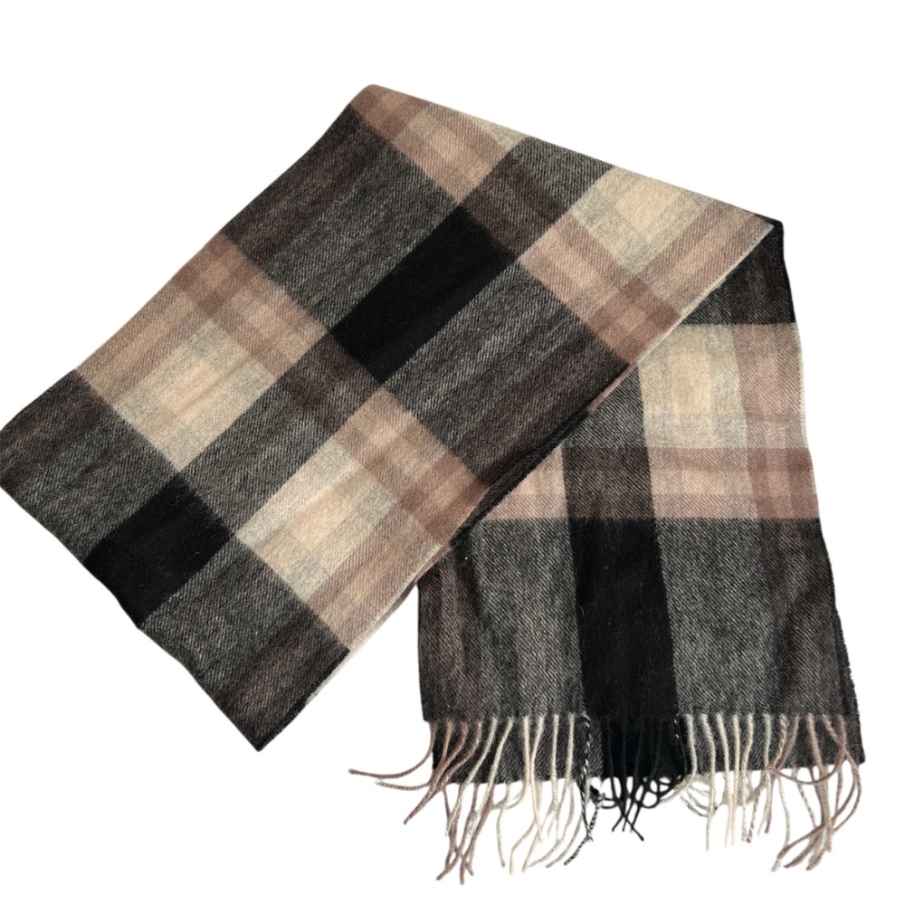 Edinburgh Scarf Plaid Tartan Soft 100% Lambswool Black Cream 10" x 64" Fringe